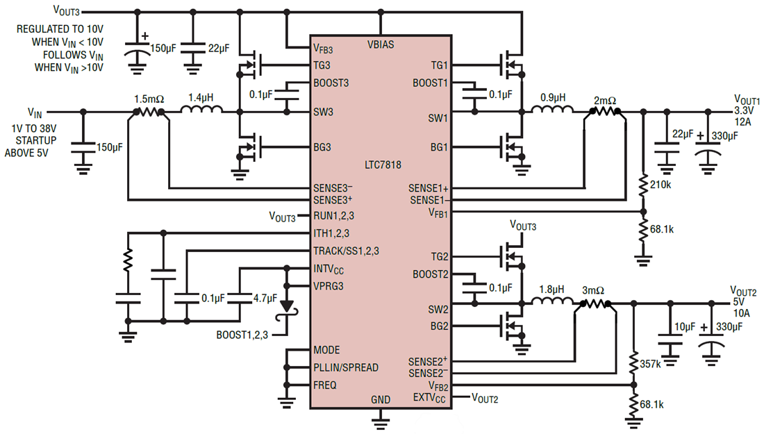 应用电路图 - Analog Devices Inc. LTC7818三路输出同步控制器