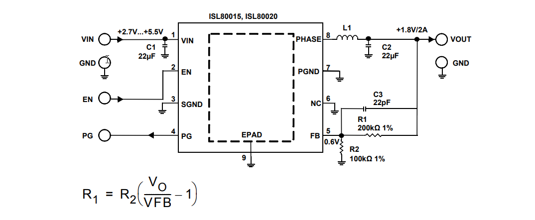 应用电路图 - Renesas Electronics ISL80020x/ISL80015x紧凑型同步降压转换器