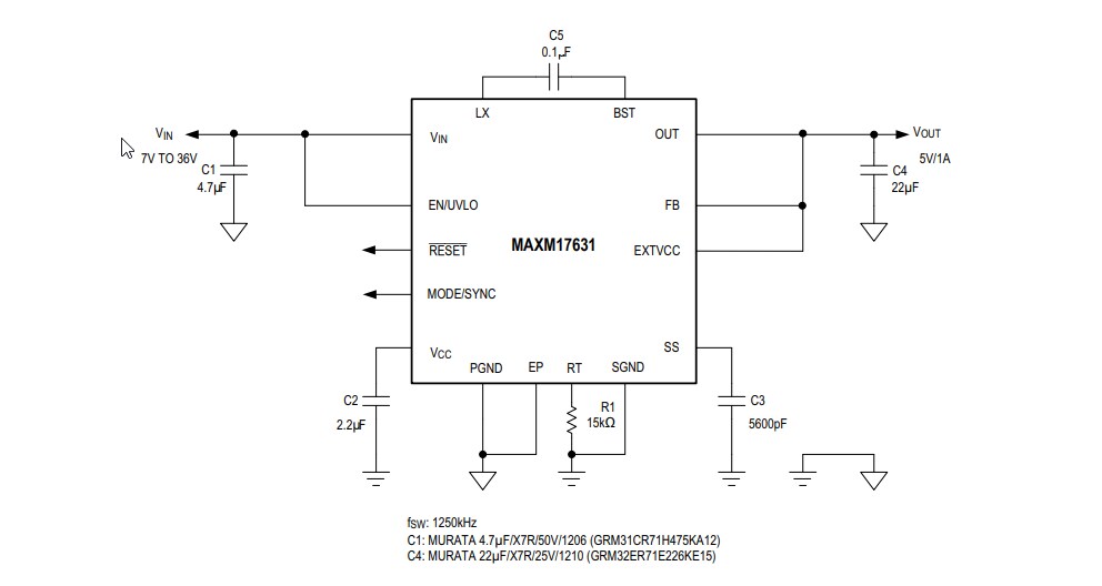 应用电路图 - Analog Devices Inc. MAXM17630, MAXM17631, & MAXM17632电源模块