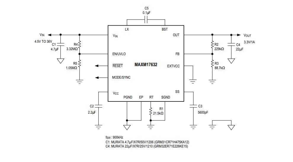 应用电路图 - Analog Devices Inc. MAXM17630, MAXM17631, & MAXM17632电源模块