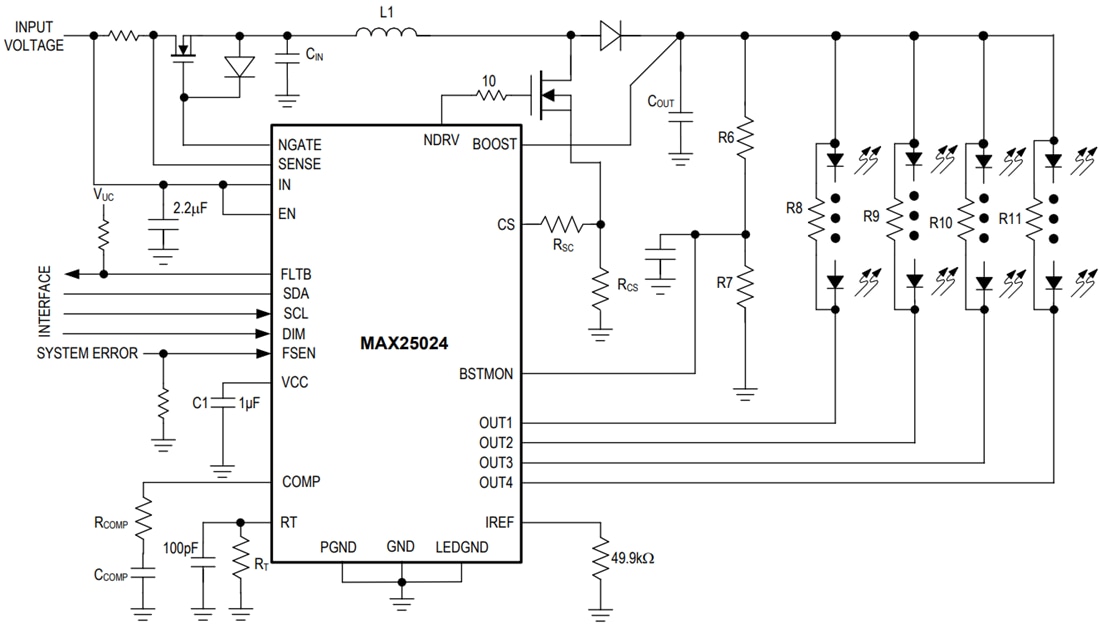 应用电路图 - Analog Devices Inc. MAX25024 4通道LED驱动器
