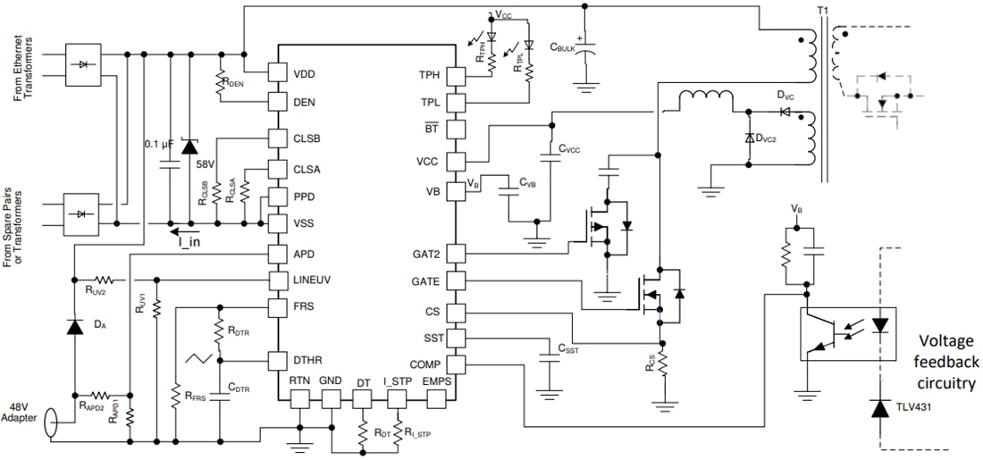应用电路图 - Texas Instruments TPS23730 IEEE 802.3bt PoE 2 PD IC