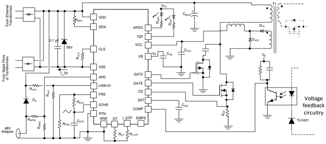 应用电路图 - Texas Instruments TPS23734 IEEE 802.3bt PoE PD IC