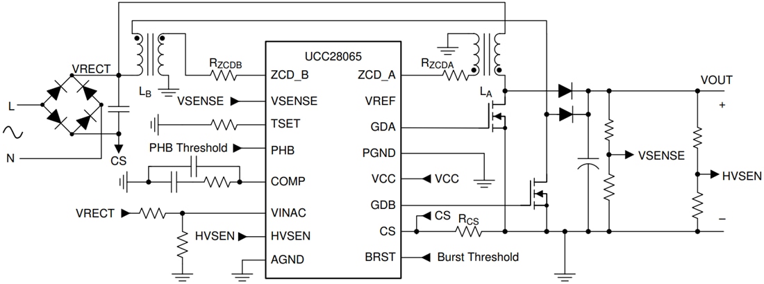 应用电路图 - Texas Instruments UCC28065转换模式PFC控制器