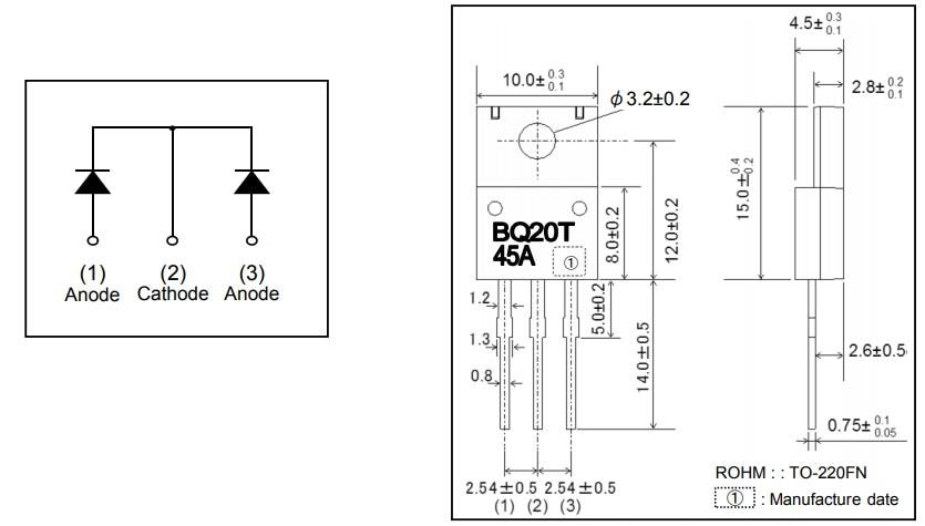 机械图纸 - ROHM Semiconductor RBQxx45ANZ低IR肖特基势垒二极管