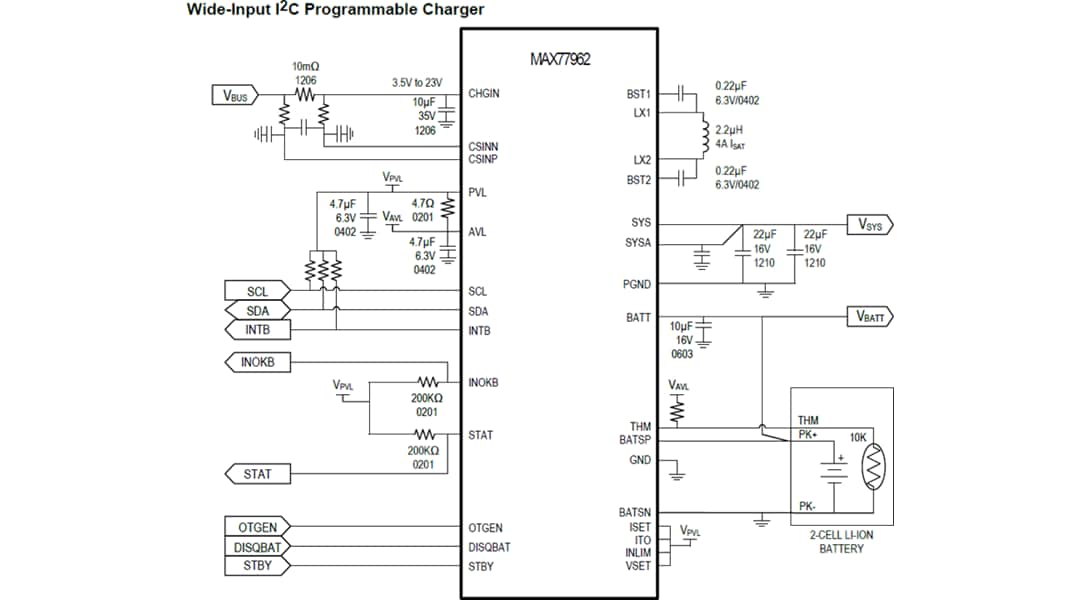 应用电路图 - Analog Devices / Maxim Integrated MAX77962 3.2A USB Type-C™降压-升压充电器