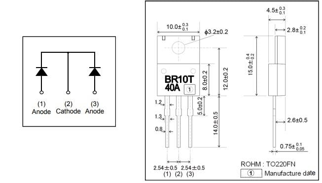 机械图纸 - ROHM Semiconductor RBRxx40ANZ低VF肖特基势垒二极管