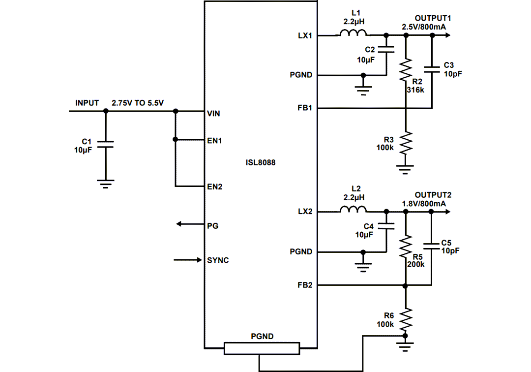 应用电路图 - Renesas Electronics ISL8088同步降压稳压器