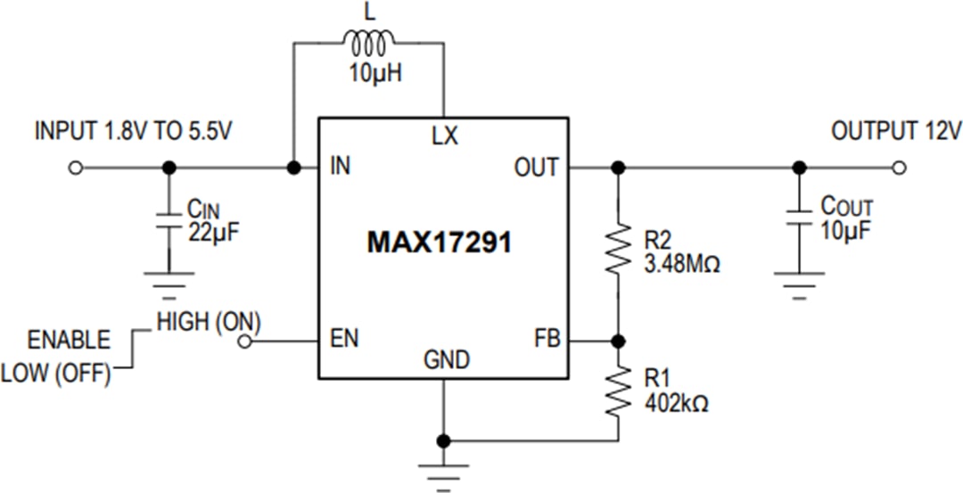 应用电路图 - Analog Devices Inc. MAX17291A微功耗升压转换器