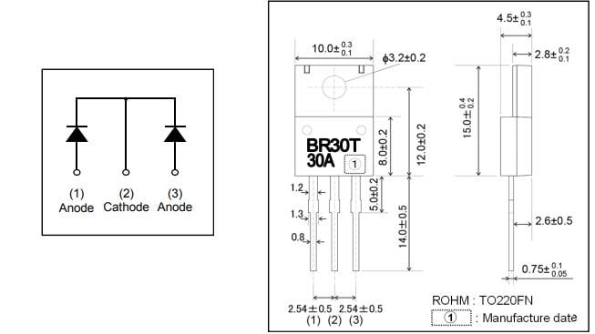 机械图纸 - ROHM Semiconductor RBRxx30ANZ低VF肖特基势垒二极管