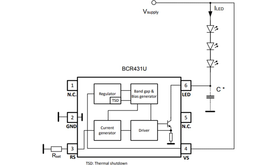 应用电路图 - Infineon Technologies BCR431U线性低压降LED驱动器