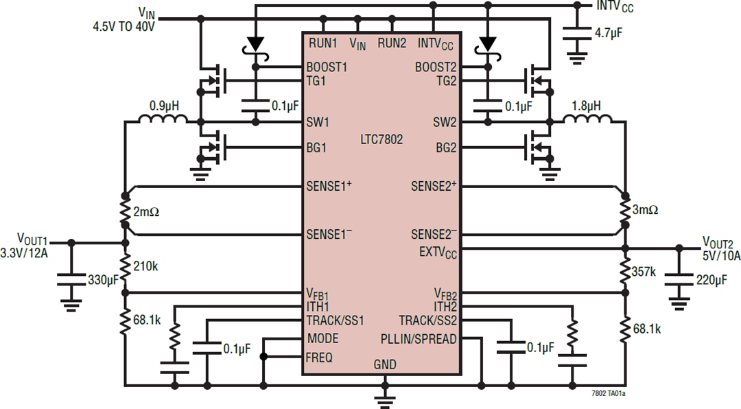 应用电路图 - Analog Devices Inc. LTC7802和LTC7802-3.3降压控制器