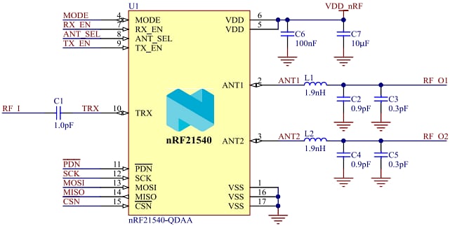 应用电路图 - Nordic Semiconductor nRF21540射频前端模块