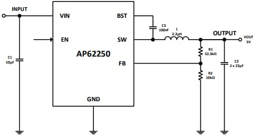 应用电路图 - Diodes Incorporated AP62250同步降压转换器