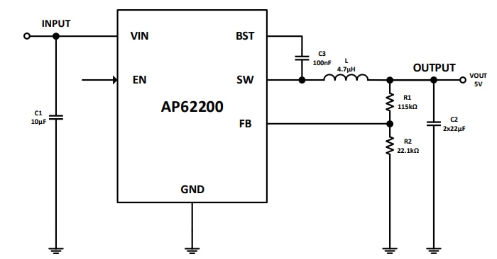 应用电路图 - Diodes Incorporated AP62200同步降压转换器