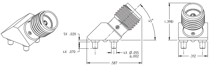 机械图纸 - Johnson / Cinch Connectivity Solutions 45° PCB安装SMA连接器