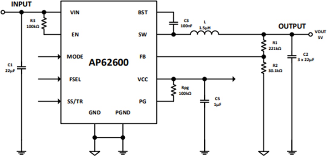 应用电路图 - Diodes Incorporated AP62600同步降压转换器