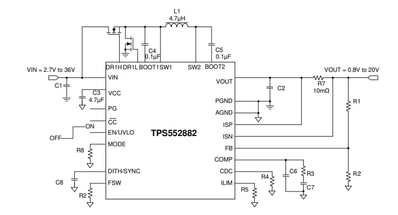 应用电路图 - Texas Instruments TPS552882/TPS552882-Q1降压-升压转换器