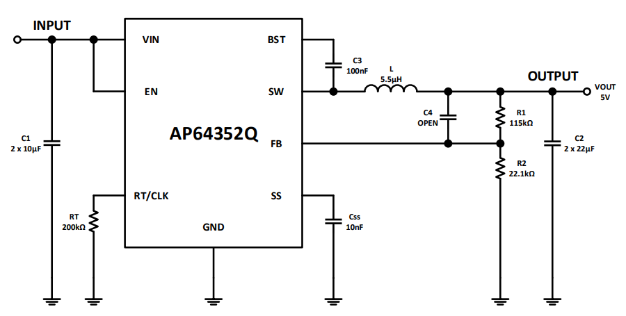应用电路图 - Diodes Incorporated AP64352Q开关稳压器