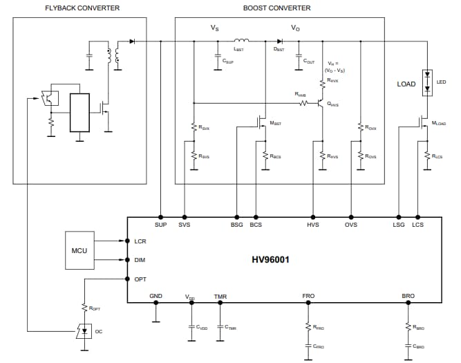 应用电路图 - Microchip Technology HV96001 LED控制器