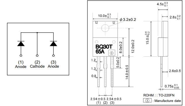 机械图纸 - ROHM Semiconductor RBQxx65ANZ低IR肖特基势垒二极管