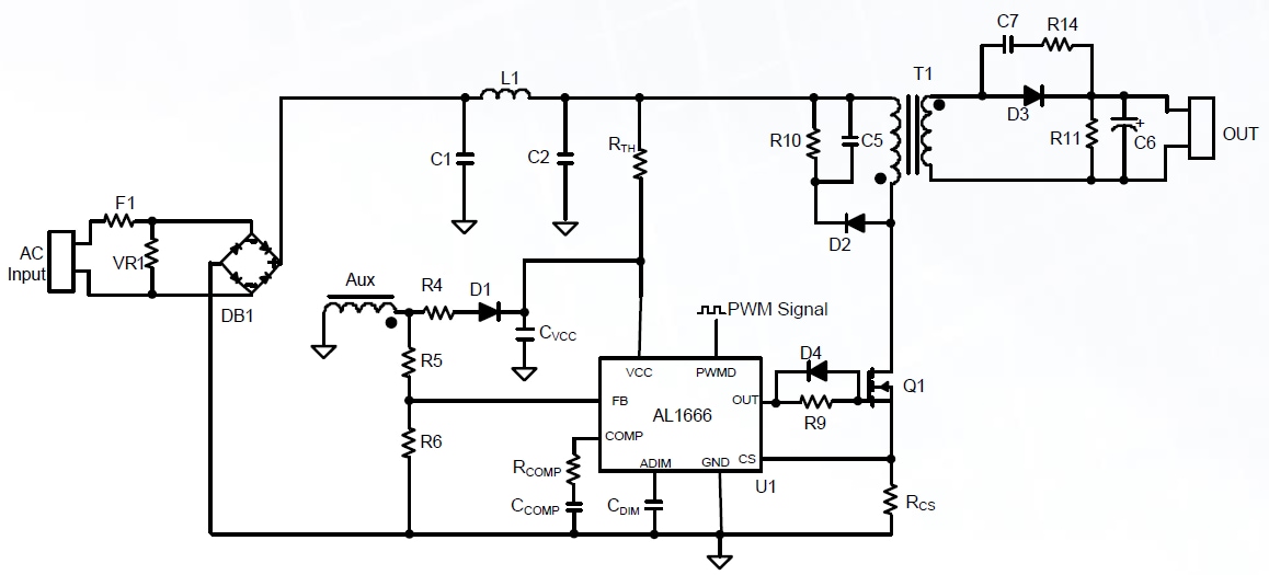应用电路图 - Diodes Incorporated AL1666 LED驱动器控制器