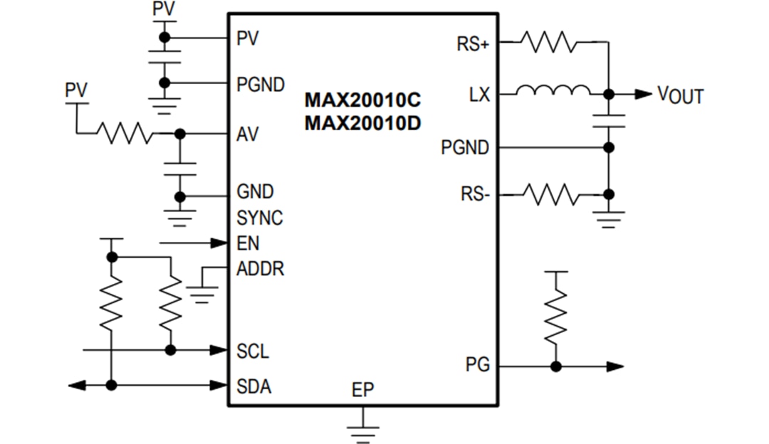 应用电路图 - Analog Devices Inc. MAX20010x降压转换器
