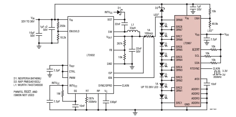 应用电路图 - Analog Devices Inc. LT3967 LED照明驱动器