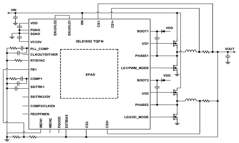 应用电路图 - Renesas Electronics ISL81802双路同步降压控制器