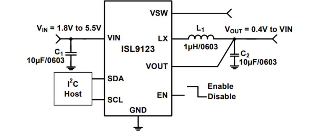 应用电路图 - Renesas Electronics ISL9123超低IQ降压稳压器（带旁路）