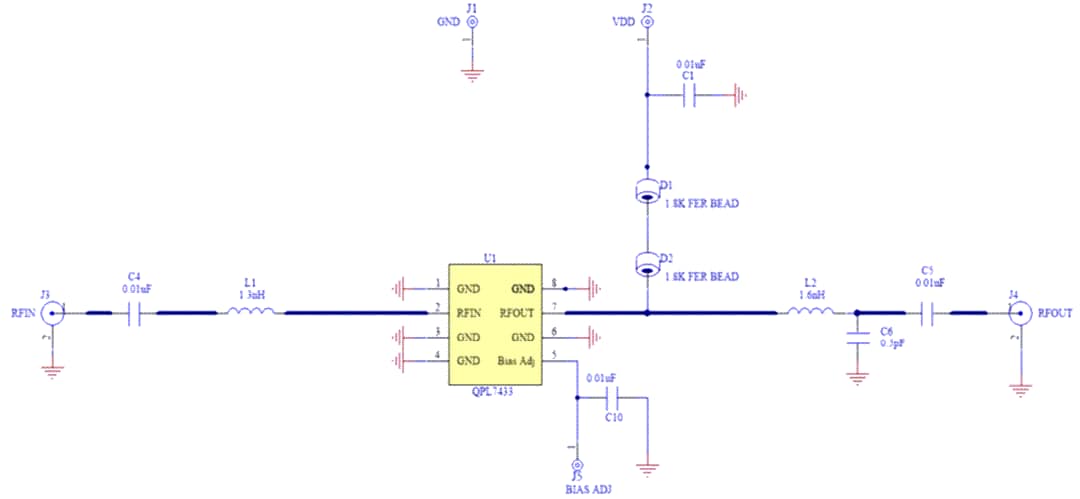 应用电路图 - Qorvo QPL7433 45 MHz至3.3 GHz低噪声放大器