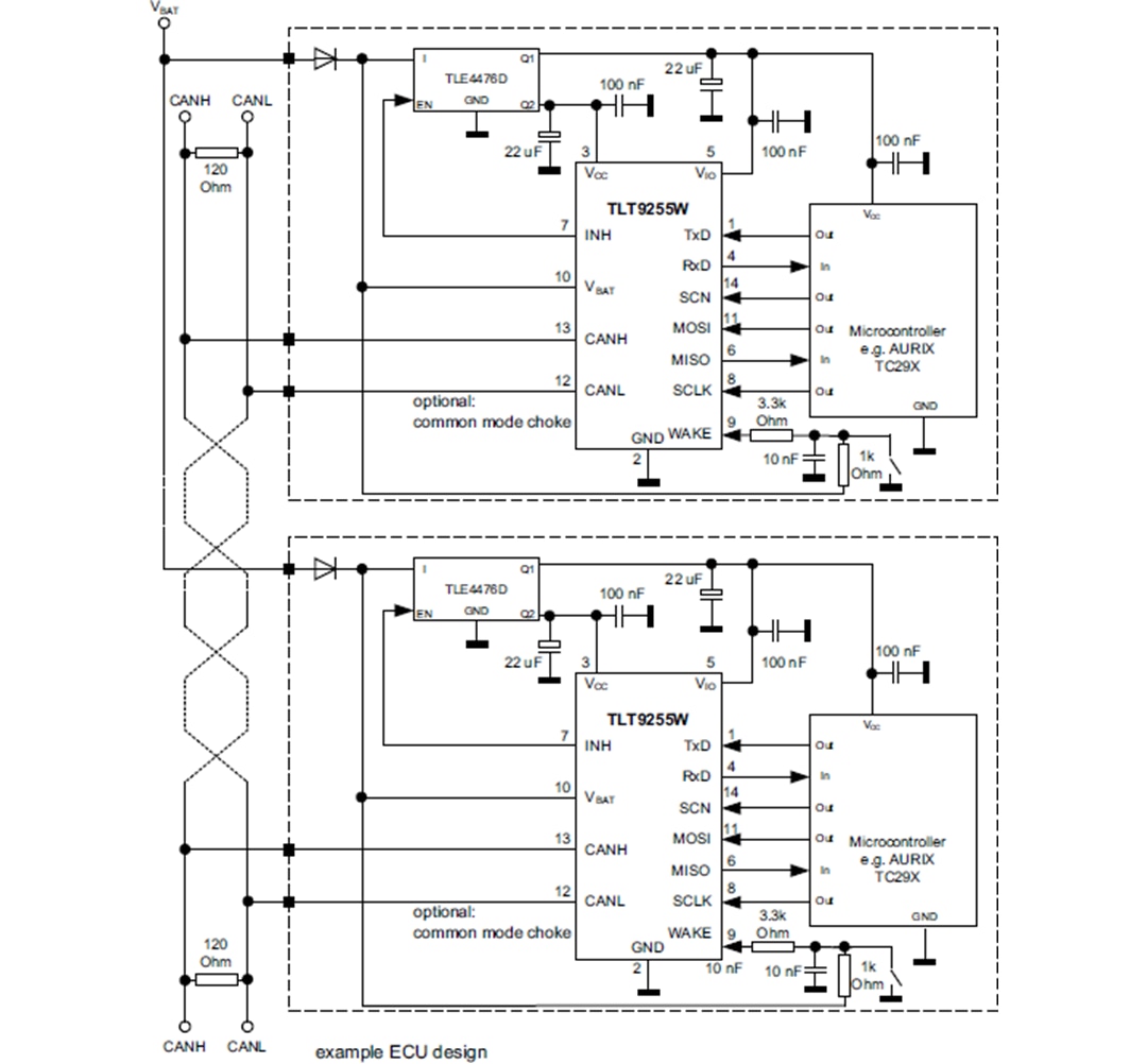 应用电路图 - Infineon Technologies TLT9255WLC高速CAN FD收发器