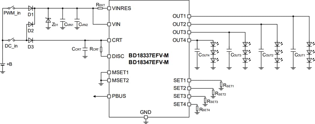 应用电路图 - ROHM Semiconductor BD18337EFV-ME2和BD18347EFV-ME2 LED驱动器