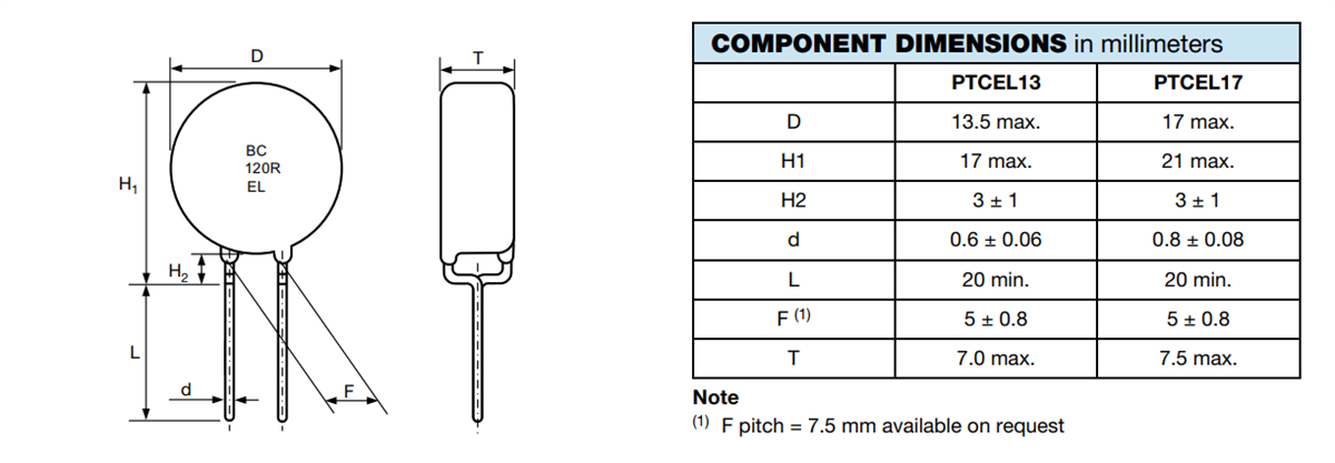 机械图纸 - Vishay / BC Components PTCEL浪涌电流限制PTC热敏电阻器