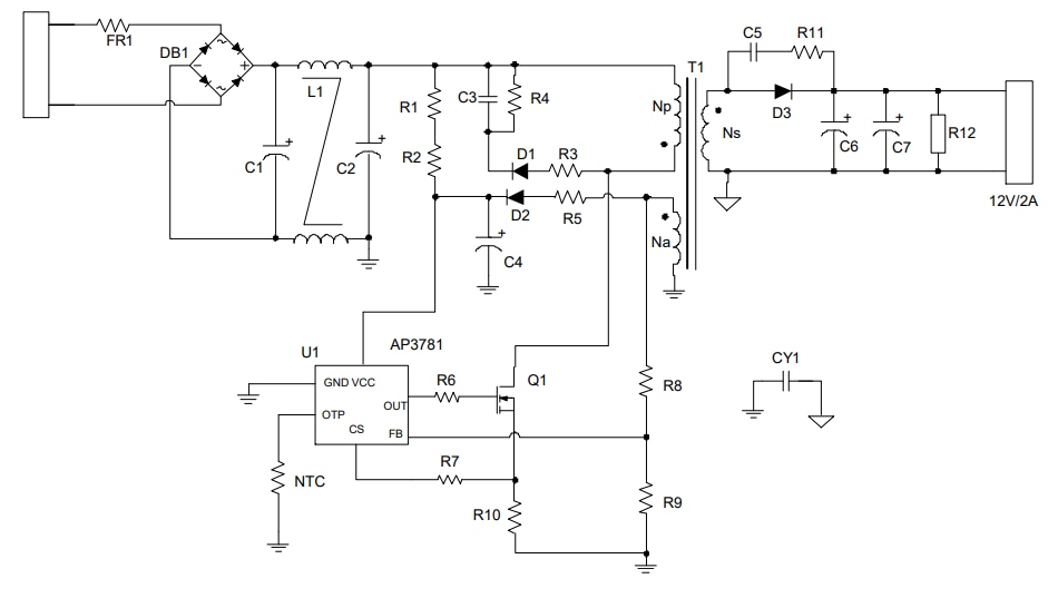 应用电路图 - Diodes Incorporated AP3781交流/直流电源控制器