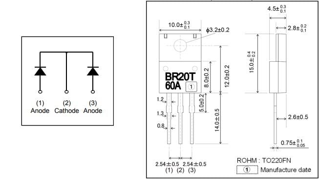 机械图纸 - ROHM Semiconductor RBRxx60ANZ低VF型肖特基势垒二极管