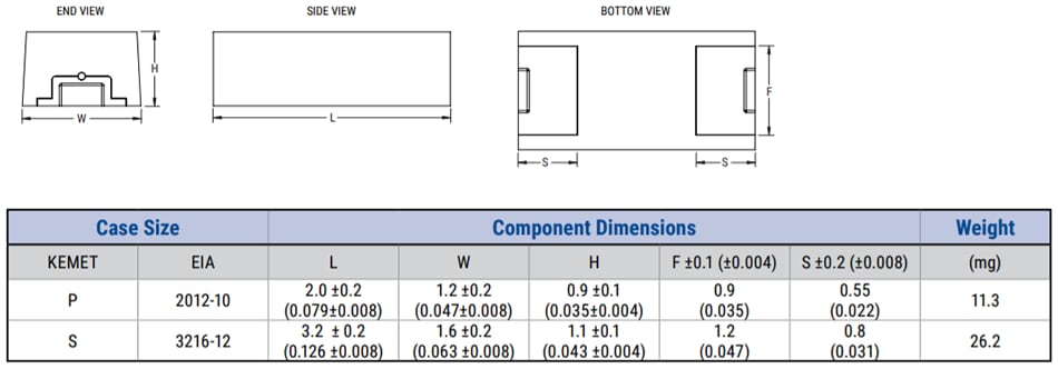 机械图纸 - KEMET T597 125 °C小尺寸AEC-Q200聚合物电容器