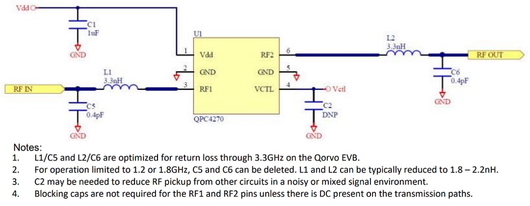 应用电路图 - Qorvo QPC4270 SPST高隔离吸收式开关