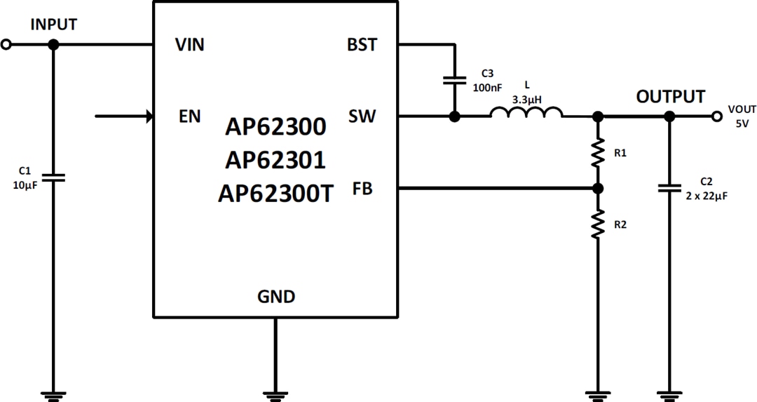 应用电路图 - Diodes Incorporated AP62300/1和AP62300T同步降压转换器