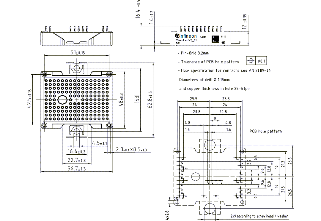 机械图纸 - Infineon Technologies FS50R12W2T7和FS75R12W2T7 EasyPACK™ IGBT模块