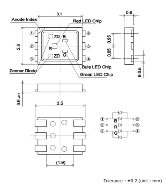 机械图纸 - ROHM Semiconductor SMLVN6RGB7W1三色LED