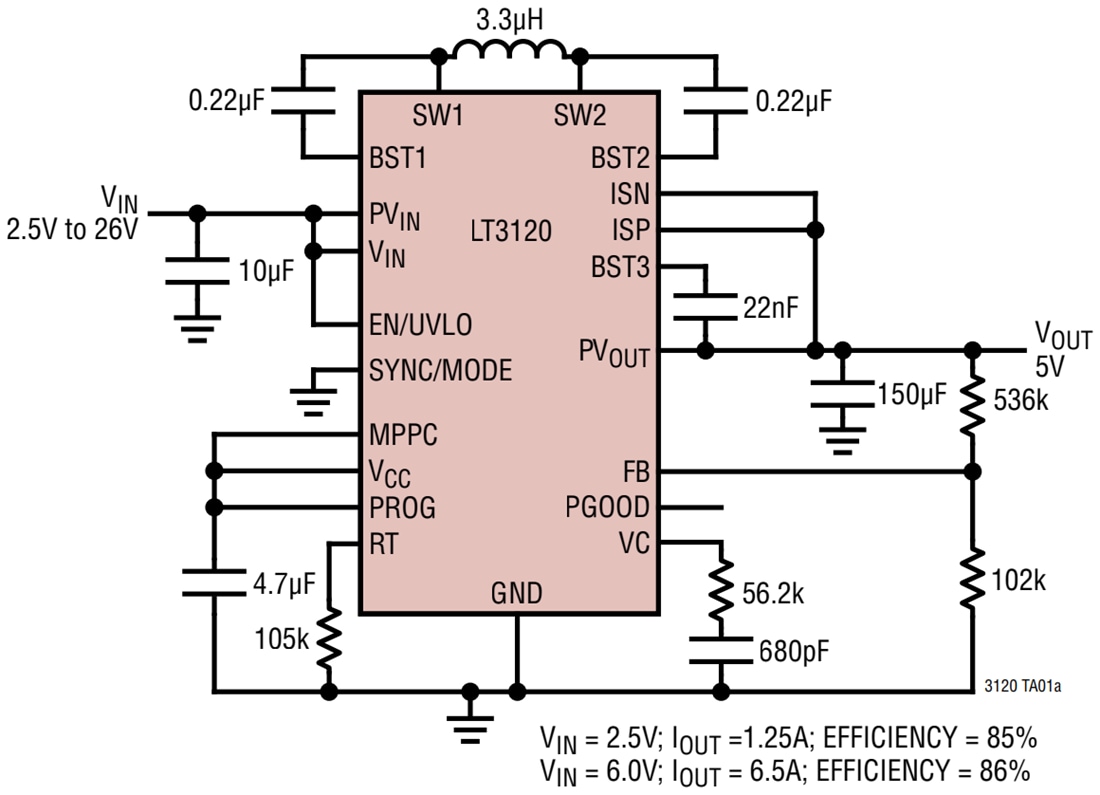 应用电路图 - Analog Devices Inc. LT3120单片降压-升压转换器