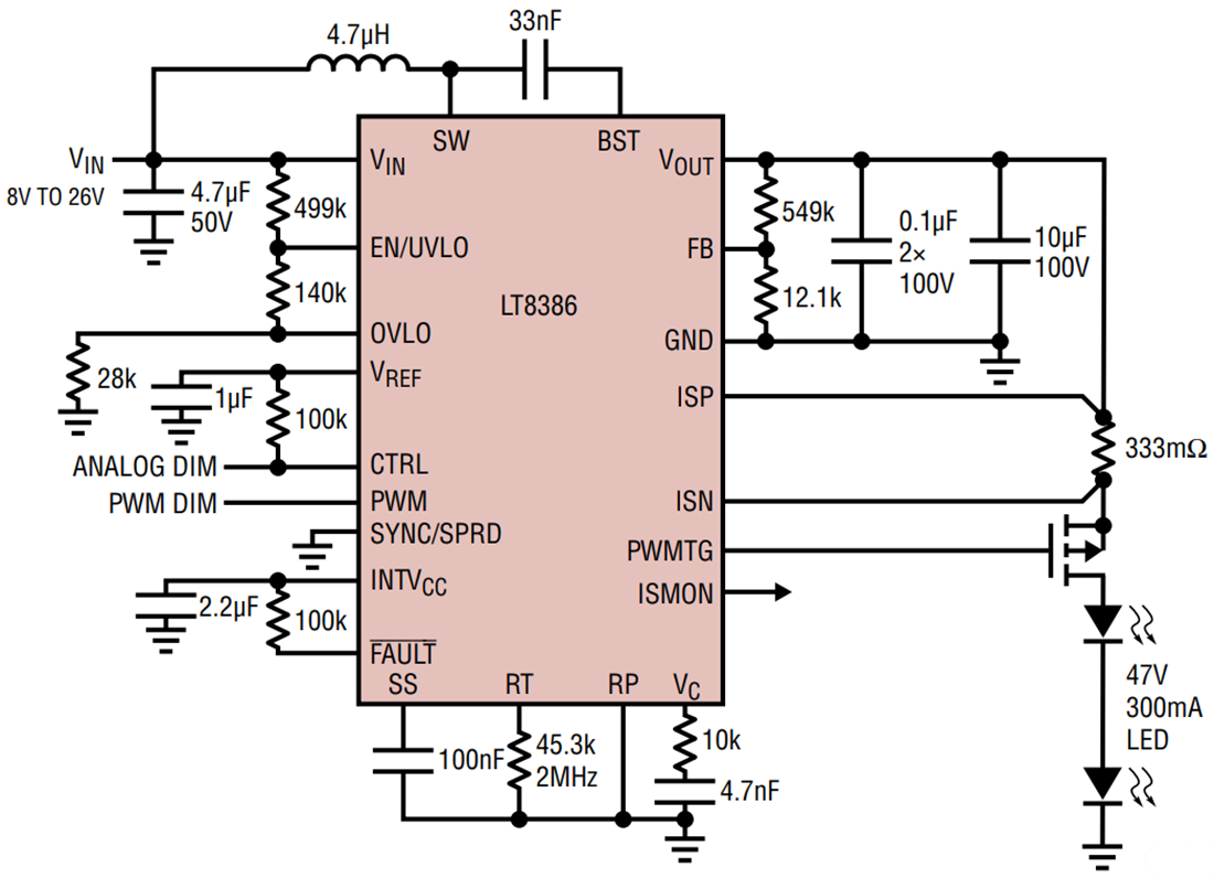 应用电路图 - Analog Devices Inc. LT8386同步升压LED驱动器