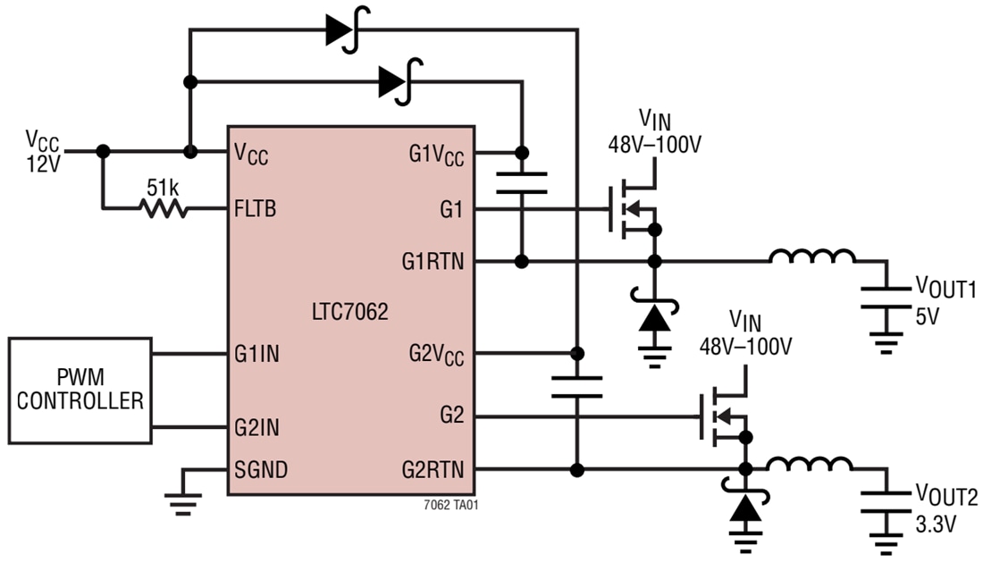 应用电路图 - Analog Devices Inc. LTC7062双高侧MOSFET栅极驱动器
