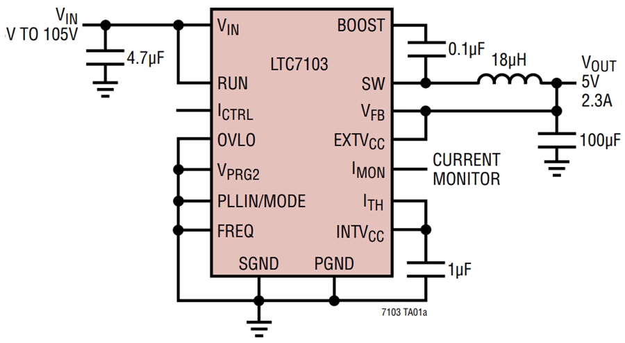 应用电路图 - Analog Devices Inc. LTC7103低EMI同步降压稳压器