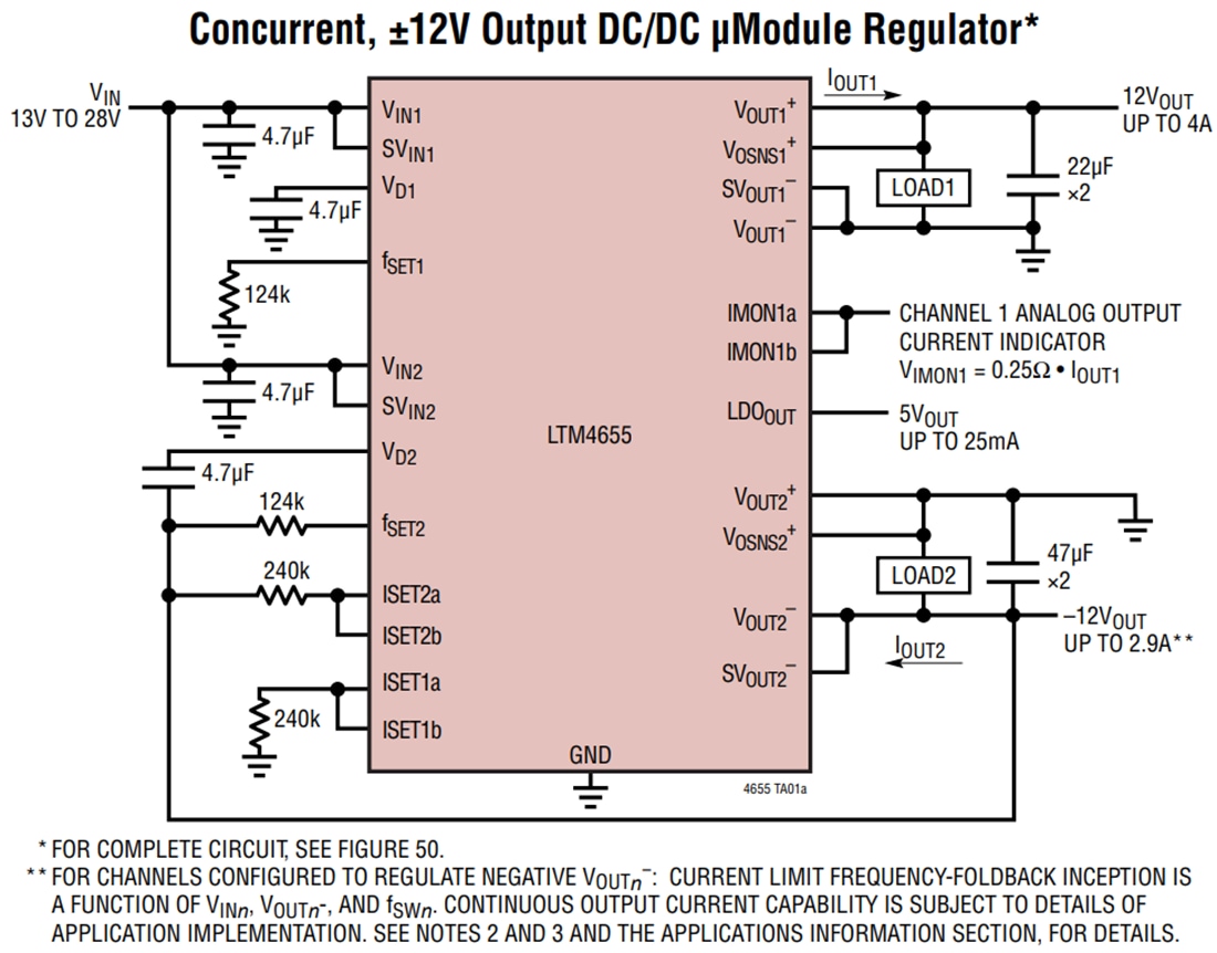 应用电路图 - Analog Devices Inc. LTM4655双/单反相μModule®稳压器