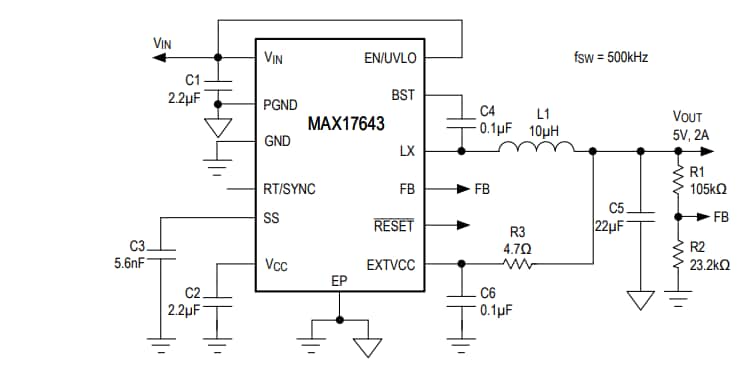 应用电路图 - Analog Devices / Maxim Integrated MAX17643降压直流-直流转换器