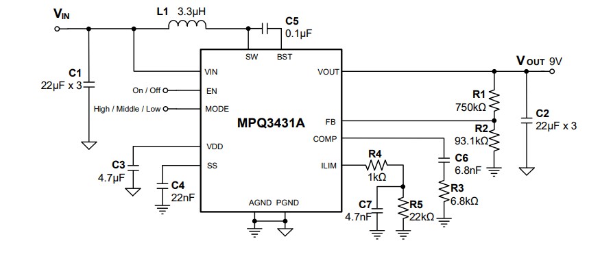 Application Circuit Diagram - Monolithic Power Systems (MPS) MPQ3431A-AEC1 Synchronous Boost Converters