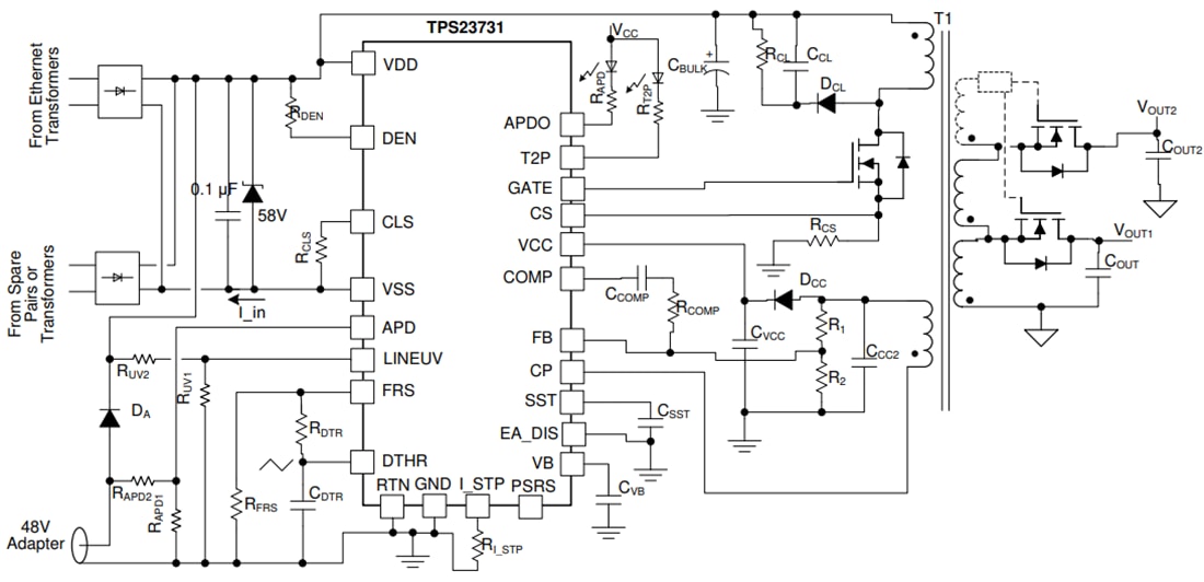 应用电路图 - Texas Instruments TPS23731以太网供电电源器件
