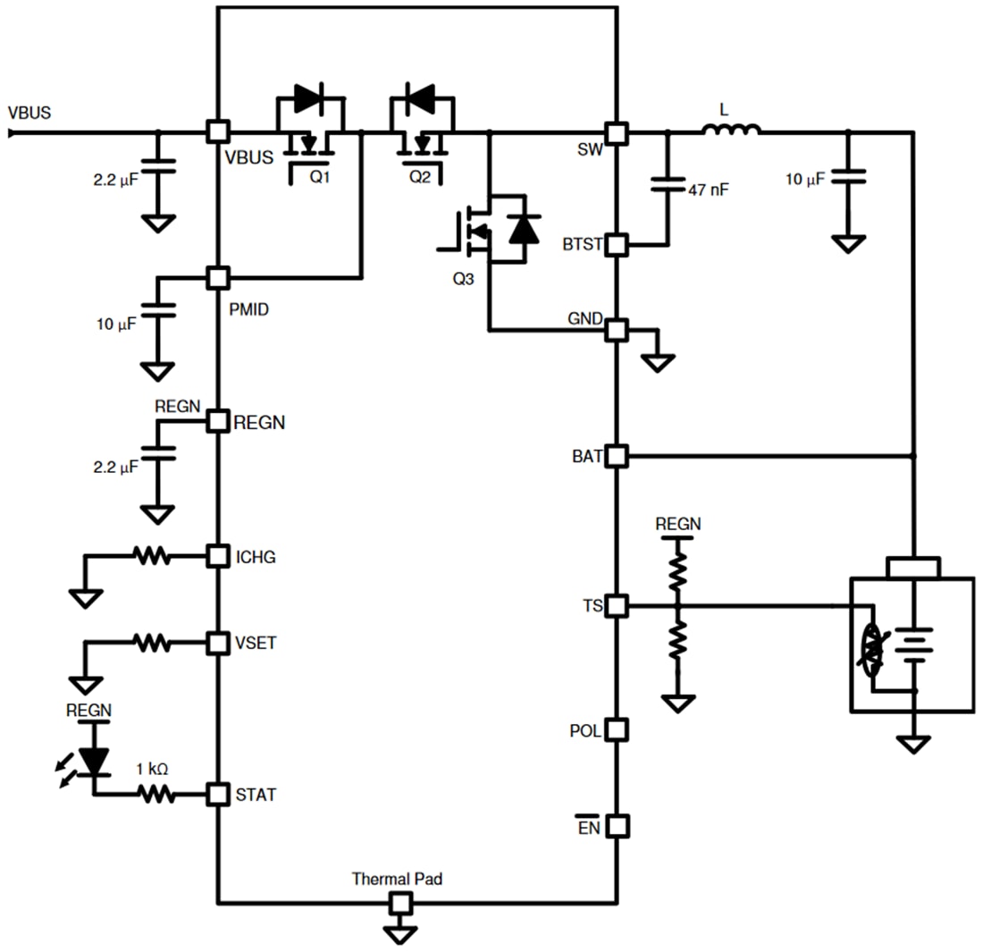 应用电路图 - Texas Instruments bq25300开关模式电池充电器